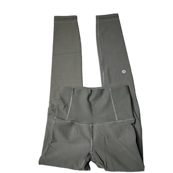 Lululemon olive green mid rise reflective laser cut mesh knee running tight 27" - Picture 2 of 5